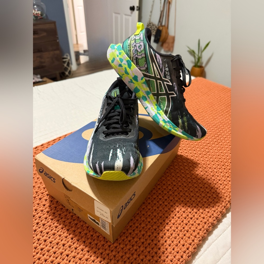 ASICS Black with Neon Green and Teal Patterned Running Shoes